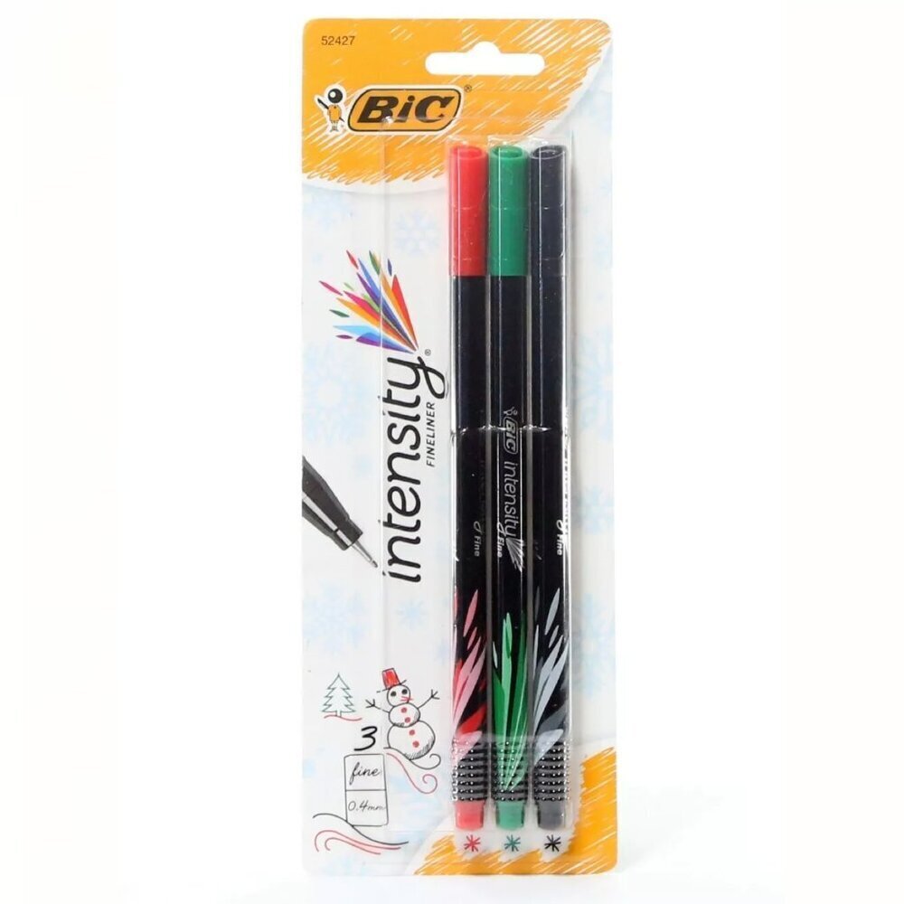 Bic Intensity Fineliner Pens Red Green Black Ink 0.4mm NEW Christmas, 3-Count